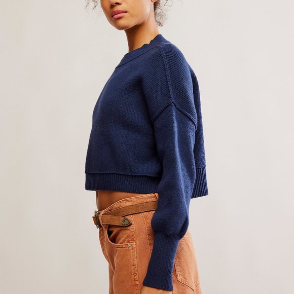 FREE PEOPLE Easy Street Crop Pullover / Navy - Picture 2 of 6